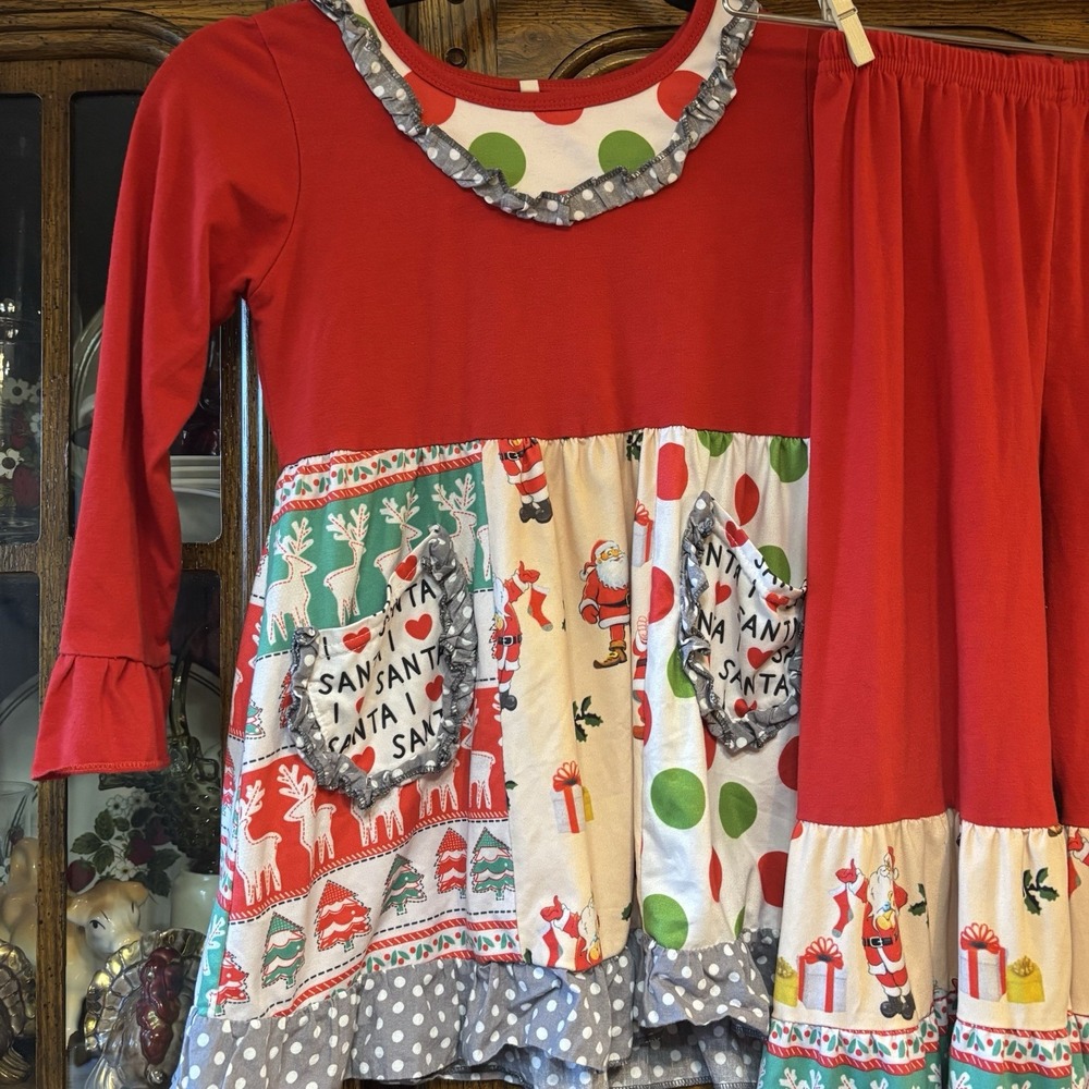 Christmas Girls Two-Piece Top And Pant 7–8 Red‎ With Polkadots, Ruffles, Holiday
